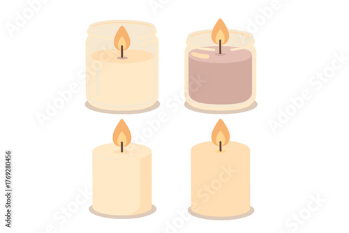 Set of four burning scented candles including pillar and jar styles on a white background