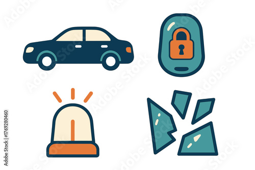 Automobile security and accident symbols showing a sedan, remote key fob, emergency siren, and shattered glass