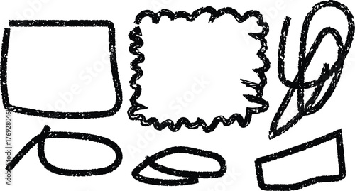 Collection of hand drawn geometric shapes and office supplies