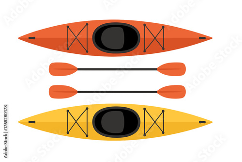 Top view of two colorful kayaks and paddles for water sports and summer recreation