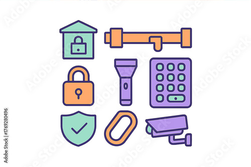 Collection of security and protection symbols including padlock, shield, camera, and keypad access