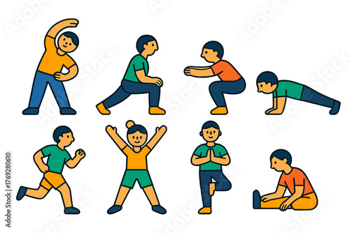 Diverse collection of fitness poses and workout movements for exercise and training