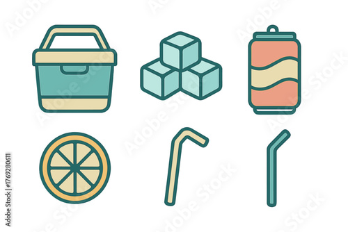 Colorful icons set of refreshing summer beverages and outdoor picnic accessories