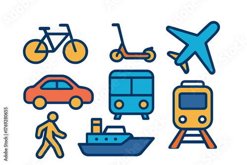 Essential modes of transportation symbols: car, plane, ship, train, and pedestrian figure