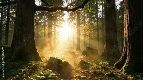 Slow motion mist gently rolling through a tranquil, ancient forest at dawn wilderness, vapor, nature