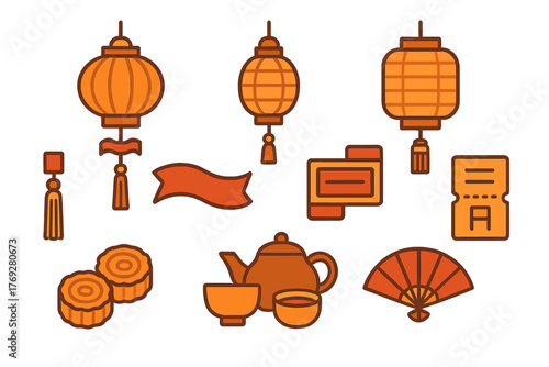 Traditional Chinese festival elements including lanterns, mooncakes, tea set, and hand fan