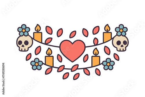 Decorative garland featuring skulls, burning candles, flowers, and a central heart symbol