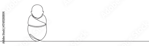 continuous single-line drawing of a swaddled newborn baby, symbolizing new life, innocence, and care on a pristine white background.