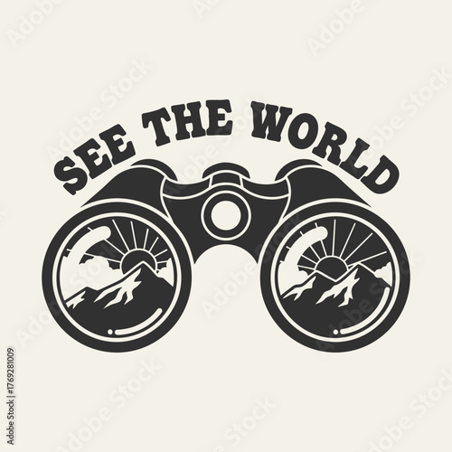 Inspirational travel emblem with binoculars reflecting a mountain landscape.