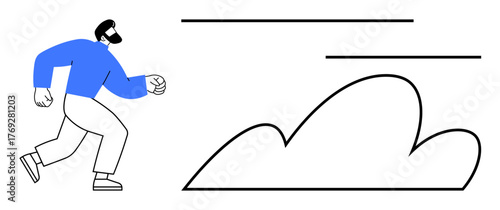 Man runs forward amidst abstract minimalist lines and cloud, symbolizing journey, motivation, speed, progress, determination, goals, and success. Ideal for ambition growth energy optimism