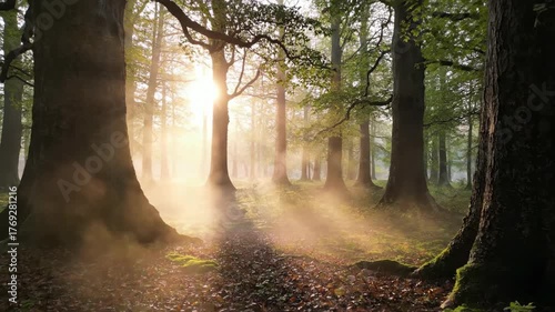 Slow motion mist gently rolling through a tranquil, ancient forest at dawn dreamy, scenic, nature