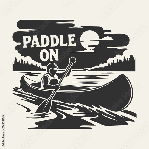 Person paddling a canoe on a lake at night with a full moon.