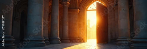 A slightly open door reveals a sunlit church interior, suggesting a welcoming entry into faith  The scene evokes peace, hope, and a spiritual journey ,  eternity,  architecture