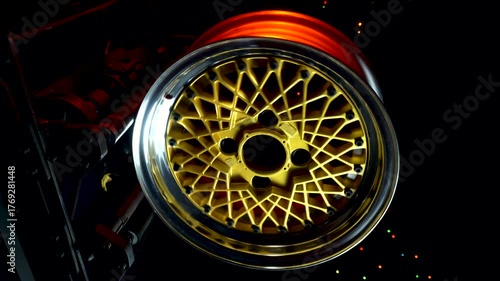 old retro stylish collapsible two-component wheels with a gold center and shiny rims for car tuning vertical video