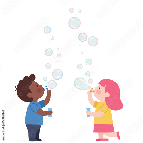 Happy children are blowing colorful soap bubbles in a simple 2D flat minimalistic vector illustration, set against a clean white background to symbolize carefree summer fun and childhood play.
