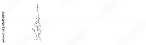 Minimalist continuous line art of a fish caught on a fishing hook, depicting the moment of capture.