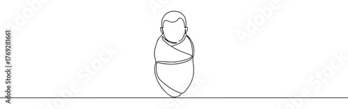 continuous single-line drawing of a swaddled newborn baby, symbolizing new life, innocence, and care on a pristine white background.