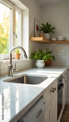 Sparkling Clean Kitchen Sunlight Drenched Countertops, Gleaming Appliances, and Perfectly Tidy Dishes Reflecting Freshness and Hygienic Housekeeping