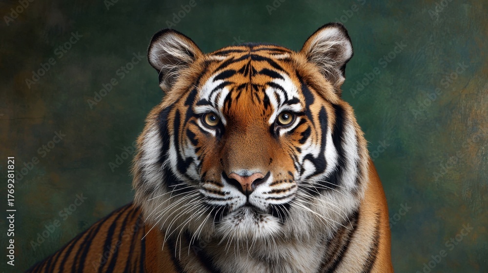 Naklejka premium Majestic tiger portrait showcases the stunning beauty and striking features of this powerful big cat in a soft, muted background