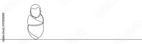 continuous single-line drawing of a swaddled newborn baby, symbolizing new life, innocence, and care on a pristine white background.