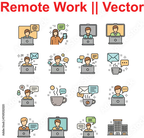 Remote work icons set for freelancing and telecommuting digital business vector