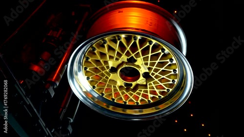 old retro stylish collapsible two-component wheels with a gold center and shiny rims for car tuning vertical video