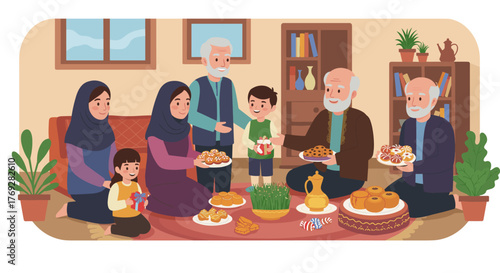Family celebrating persian new year with traditional sweets in a cozy home setting