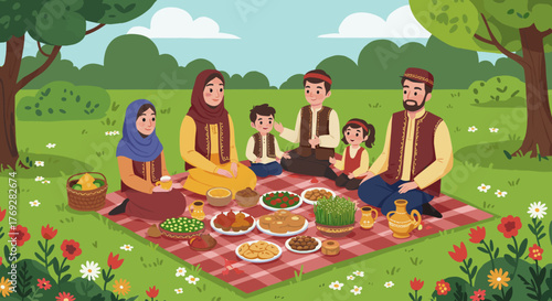 Family enjoying a picnic and celebrating a traditional spring festival outdoors