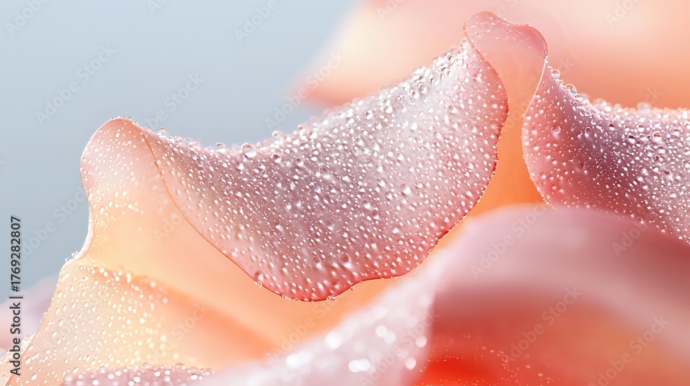 Fototapeta premium Delicate pink rose petals with morning dew drops in macro photography, showing natural water condensation on soft floral surface. Romantic and fresh botanical close-up.