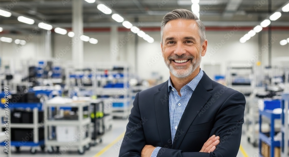 Fototapeta premium Professional smiling man stands confidently in a modern manufacturing facility during daytime