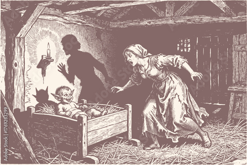 A horrified peasant woman discovers a demonic changeling and an imp in a cradle. A vintage vector illustration based on dark folklore and fairytales.