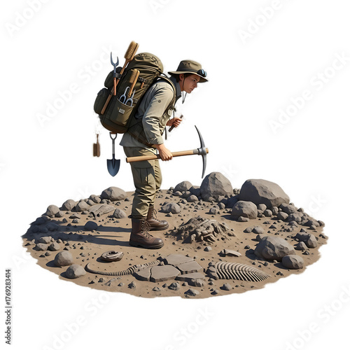 An explorer with tools and backpack examines a fossil amidst rocks and dirt. A close-up view of the scene, isolated on black