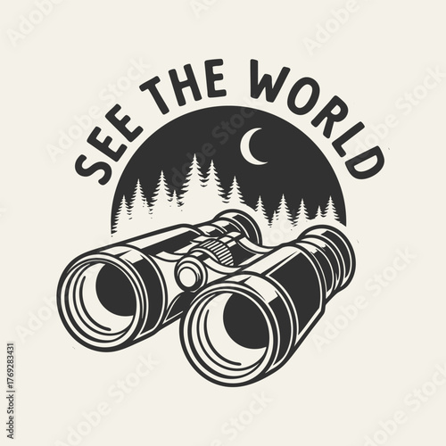 Binoculars with a forest and moon backdrop encouraging exploration and discovery.