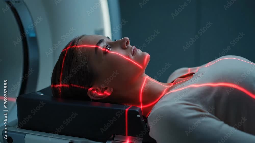 Woman undergoing brain MRI scan with red laser alignment in modern ...