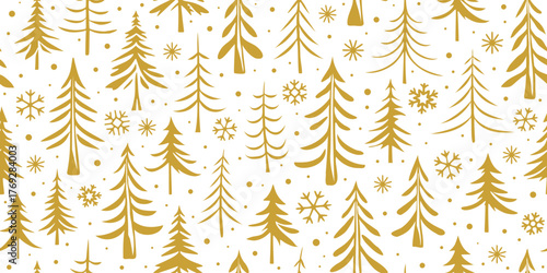 Winter background, Christmas trees and snowflakes, seamless pattern, golden color, vector design