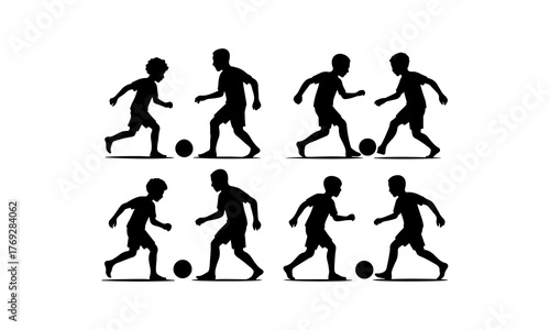 Silhouettes of soccer players in action on a white background