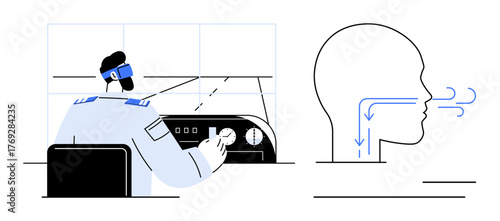Pilot adjusts controls while diagram illustrates airflow through nasal passage, reflecting safety and air management. Ideal for aviation, health, safety, training, engineering, design, education