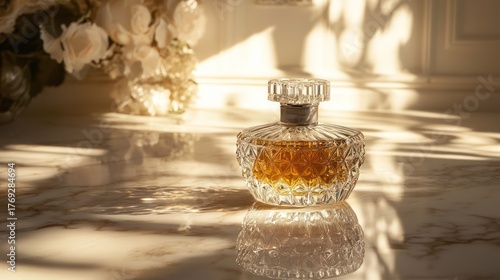 Elegant perfume bottle on marble surface, sunlight.