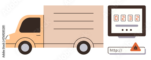 Delivery truck next to a digital counter display and error alert over URL link. Ideal for logistics, cybersecurity, e-commerce, technology, error management, fleet monitoring, online risks. Simple