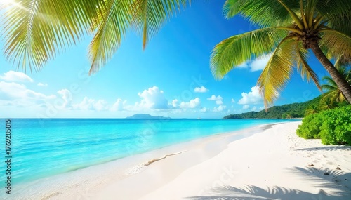 Sun-drenched beach scene with vibrant turquoise water, white sand, and palm trees swaying gently in the warm breeze Perfect for summer vacation themes , sunshine, ocean