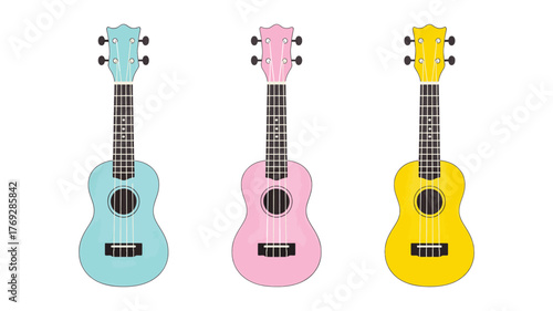 Three colorful ukuleles in pastel shades of blue pink and yellow arranged horizontally on a white background