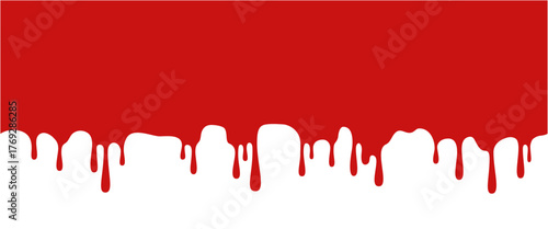 Halloween vector blood seamless border. Red dripping liquid paint with splatter, leaking bleeding splashes. Horror stain, crude blob bg. Isolated horror ink trickle. Grunge splat abstract leak texture