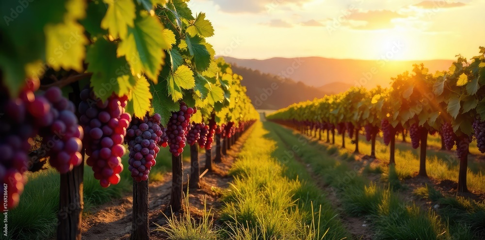 Fototapeta premium Sunlight dapples rows of ripe grapes hanging heavy on the vine, ready for harvest in a picturesque vineyard Golden hour illuminates the lush landscape , fresh grapes, sun, wine grapes