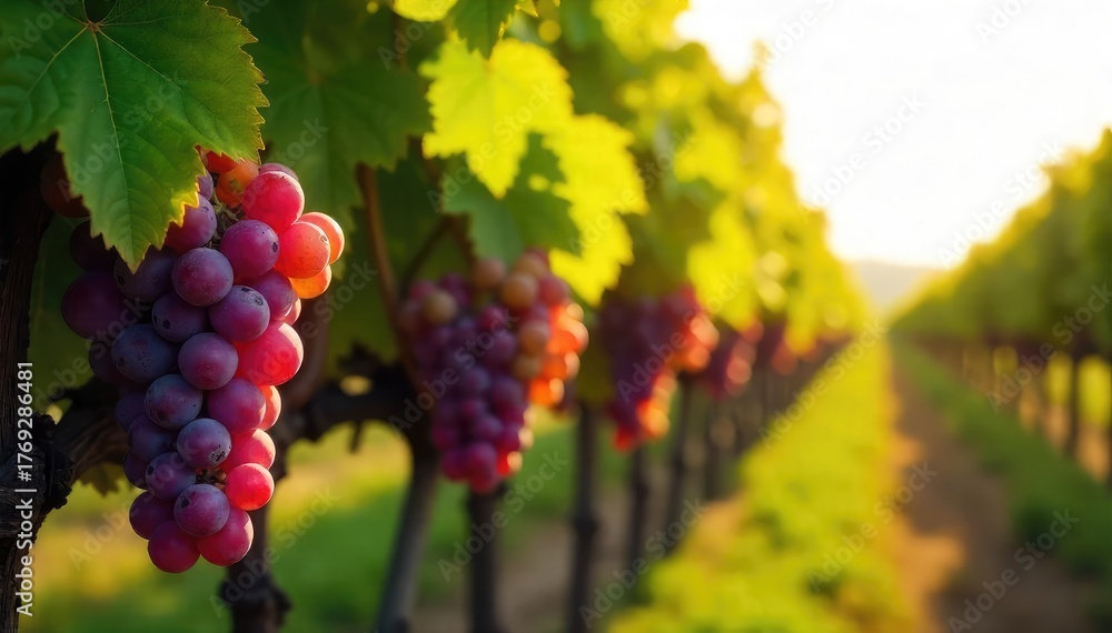 Fototapeta premium Sun-dappled Grapes Hanging Heavy on Vine in Picturesque Vineyard, Ready for Harvest