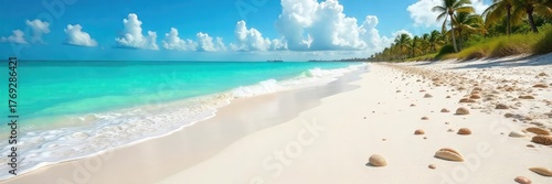 Sun-kissed sands meet turquoise waters on a pristine Florida beach Seashells scattered along the shore, gentle waves lapping the coastline A perfect Florida getaway awaits , seashells, shoreline