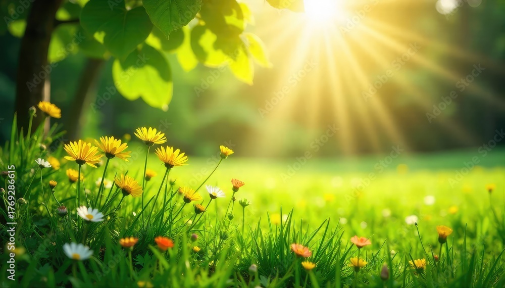 Obraz premium Sunlight streaming through leaves onto a lush green field, illuminating vibrant wildflowers and grass A scene of natural energy exchange and vitality , landscape, serene