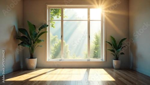 Sunlight streams through a large window, illuminating dust motes dancing in the air inside a bright, airy room The scene offers a sense of calm and tranquility , glass, spacious