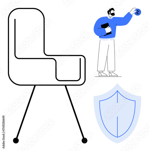 Man holding financial document placing coin, shield representing security, minimalist chair. Ideal for finance, security, insurance, protection, modern lifestyle business simplicity trust. Simple