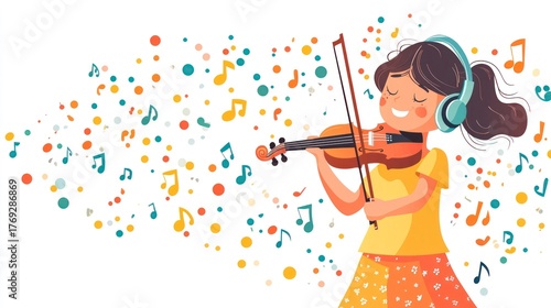 A young girl with brown hair plays the violin while wearing headphones. Colorful musical notes surround her, creating a joyful atmosphere.