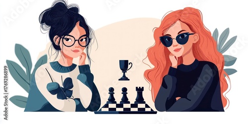 Two young girls are playing chess. One has black hair and glasses, while the other has red hair and sunglasses. A trophy is placed between them.